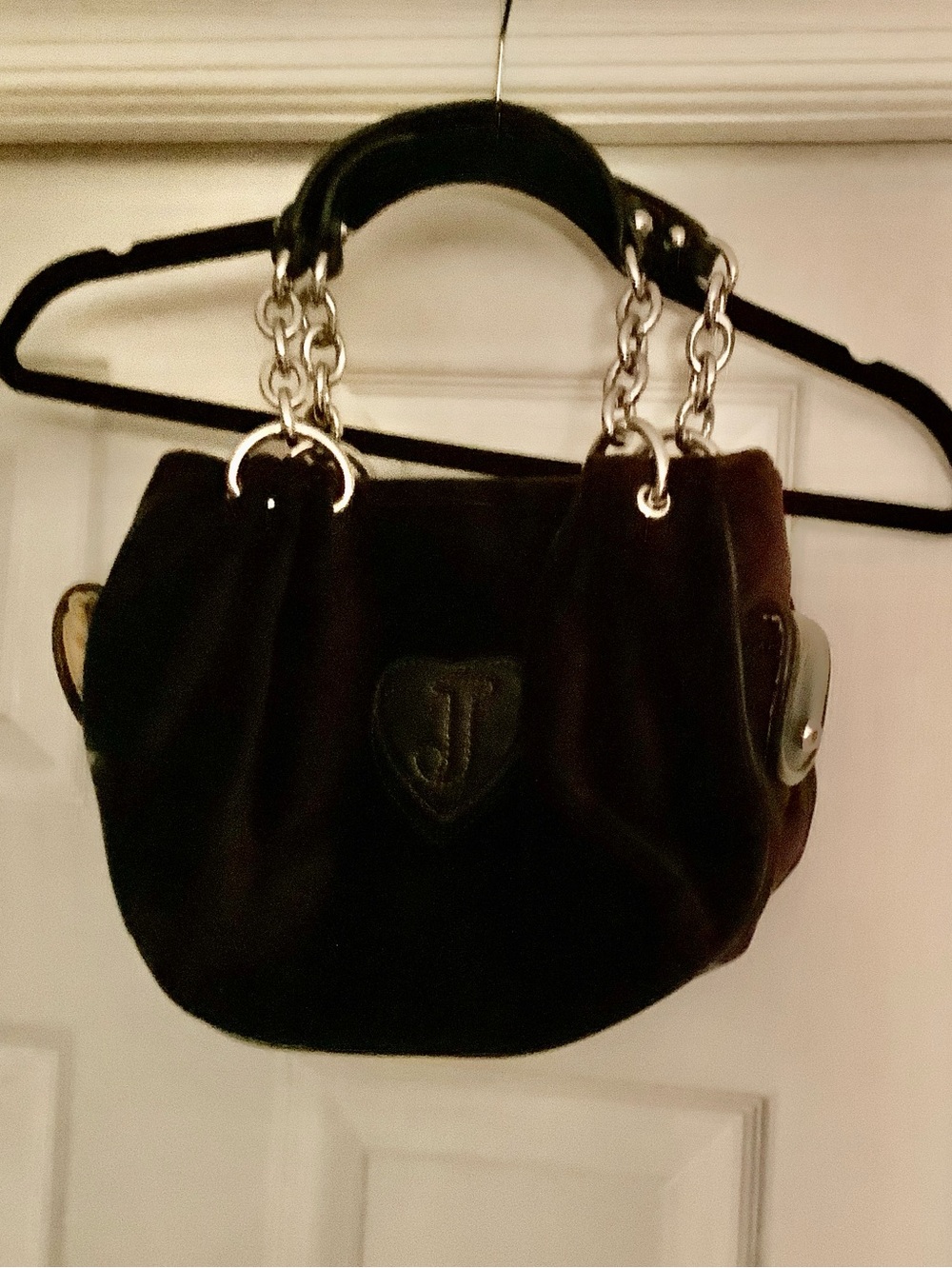 Royal Juicy Couture Black Leather and Thick Brown Velvet Bag with Silver Chain. - Picture 15 of 16